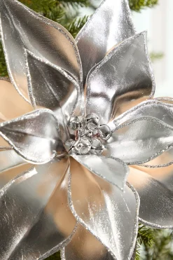 Decorator's Warehouse 24" Silver Retro Poinsettia Stem with Jingle Bells > Christmas Decor|Christmas Flowers