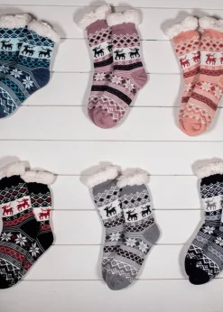 Decorator's Warehouse Snowflake Sparkle Deer Thermal Slipper Socks with Non-Slip Grippers > Fun Gifts|Christmas Decor