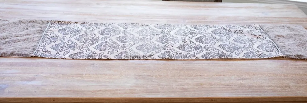 Decorator's Warehouse Taupe Printed Velvet with Fur Trim Table Runner (15"x72") > Christmas Textiles|Gold & Champagne