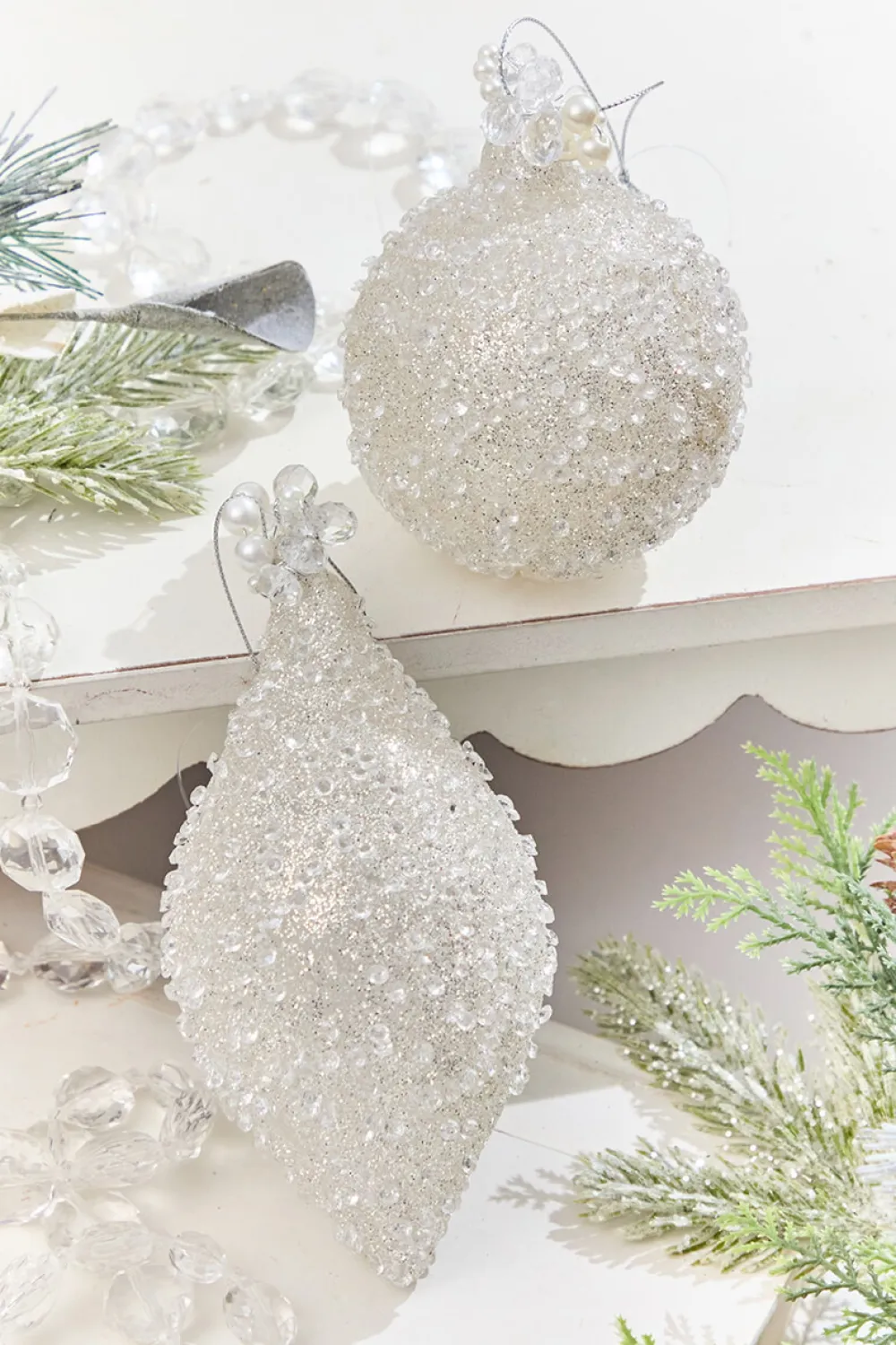 Decorator's Warehouse 4" - 6" White Beaded Glass Ornament > White Christmas|Christmas Decor