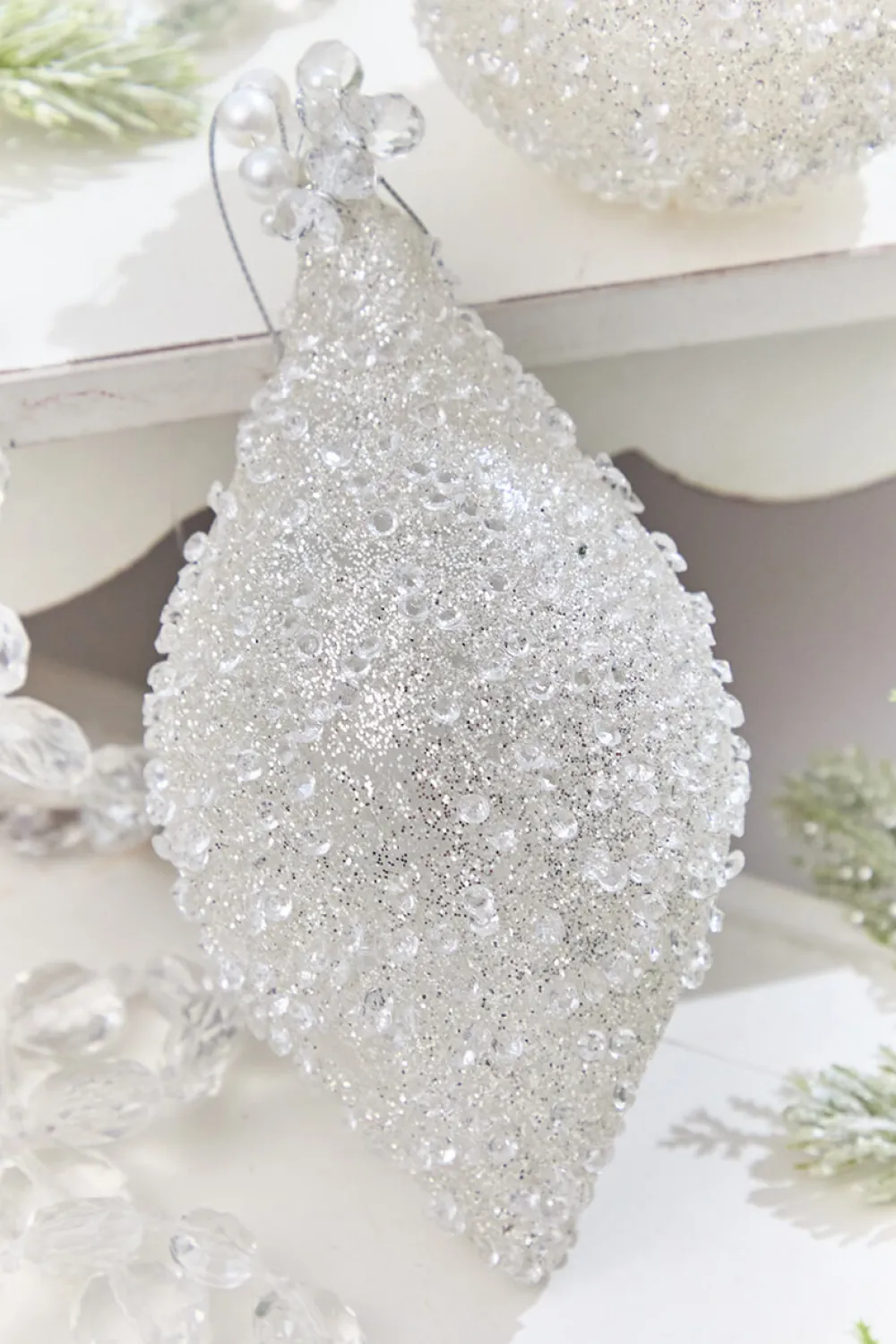 Decorator's Warehouse 4" - 6" White Beaded Glass Ornament > White Christmas|Christmas Decor