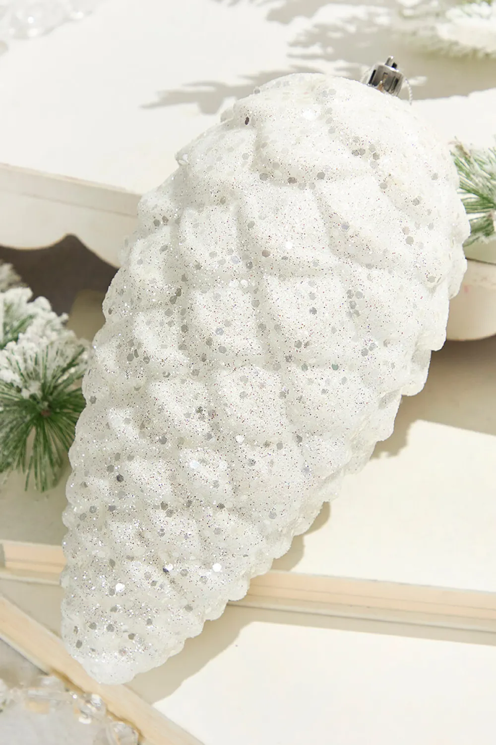 Decorator's Warehouse 9" White Glitter Pinecone with Hanger > White Christmas|Christmas Decor