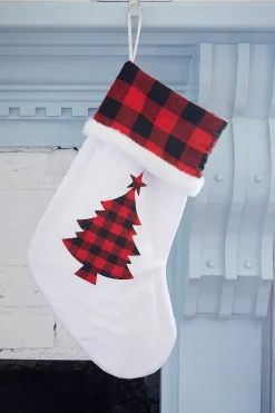 Decorator's Warehouse White Stocking with Buffalo Check Tree > Christmas Textiles|Christmas Decor