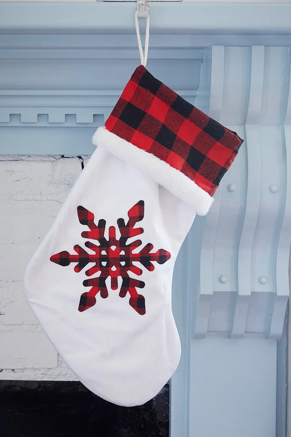 Decorator's Warehouse White Stocking with Buffalo Check Snowflake > Christmas Textiles|Christmas Decor