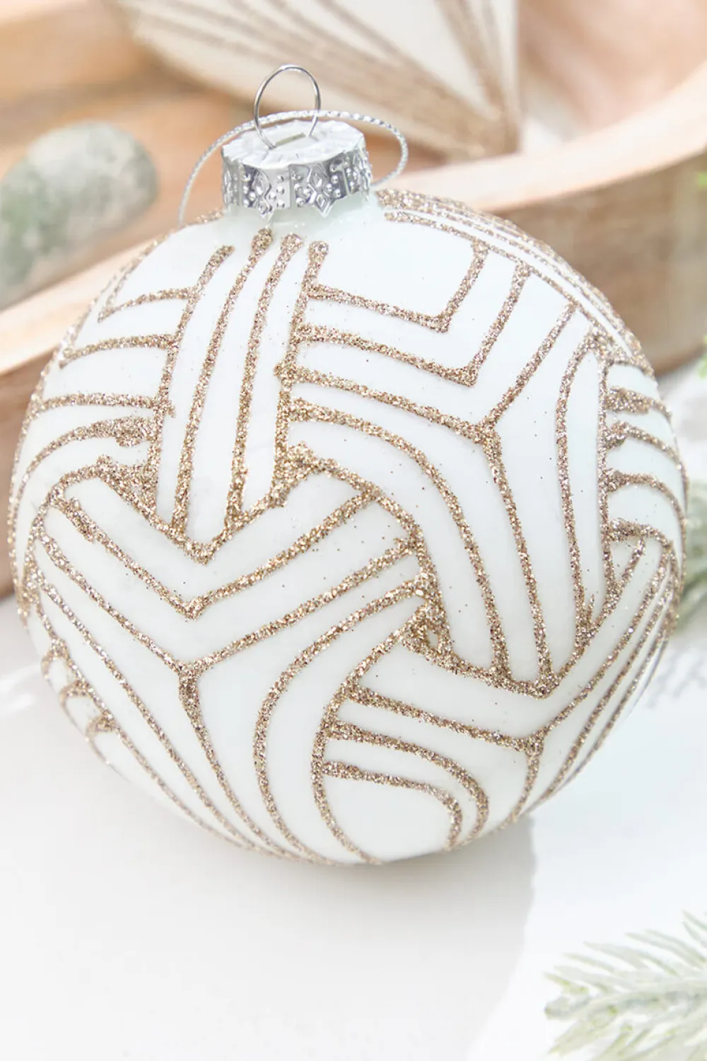 Decorator's Warehouse 5" - 6" White With Champagne Glitter Art Deco Glass Ornament > Christmas Decor|Christmas Ornaments