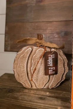 Decorator's Warehouse 8” Wood Harvest Pumpkin with Burlap Bow and Berry Accents > Fall Decor|Fall Decor