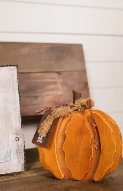 Decorator's Warehouse 8” Wood Harvest Pumpkin with Burlap Bow and Berry Accents > Fall Decor|Fall Decor