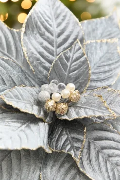 Decorator's Warehouse 19" x 15" Blue & Grey Velvet Jewel Poinsettia Stem > Gold & Champagne|Natural Elegance