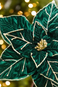 Decorator's Warehouse 22" x 12.25" Emerald & Gold Velvet Poinsettia Stem > Christmas Decor|2026 New Additions