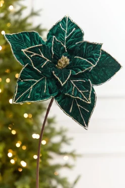 Decorator's Warehouse 22" x 12.25" Emerald & Gold Velvet Poinsettia Stem > Christmas Decor|2026 New Additions