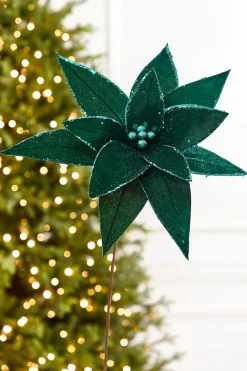 Decorator's Warehouse 20" x 15" Emerald Velvet Glitter Poinsettia Stem > Jewel Tones|2026 New Additions