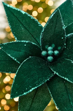 Decorator's Warehouse 20" x 15" Emerald Velvet Glitter Poinsettia Stem > Jewel Tones|2026 New Additions