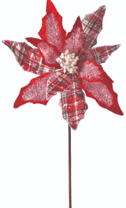 Decorator's Warehouse 34” x 13" Frost Snowflake Plaid Velvet Poinsettia Stem > Christmas Sale|Christmas Flowers