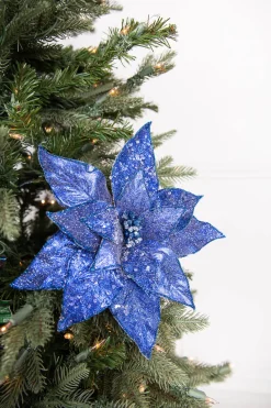 Decorator's Warehouse 24” x 11" Glitter Iced Poinsettia Stem - Midnight Blue > Nutcracker|Christmas Decor