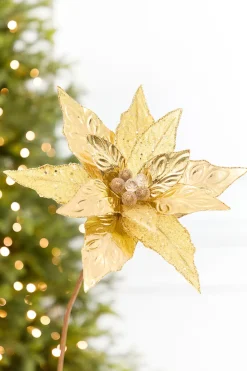 Decorator's Warehouse 24" x 10" Gold Glitter Edge & Bead Poinsettia Stem > Nutcracker|Christmas Decor