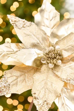 Decorator's Warehouse 22" x 11” Gold Metallic Glitter Poinsettia Stem > Christmas Decor|Merry & Bright