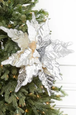 Decorator's Warehouse 26" x 20.5" Large Silver Metallic Poinsettia Stem > White Christmas|Christmas Decor
