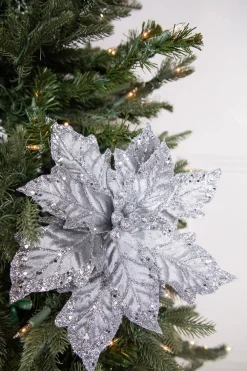 Decorator's Warehouse 24" x 12" Leafy Silver Poinsettia Stem > White Christmas|Christmas Flowers