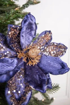 Decorator's Warehouse 24” x 11" Magnolia Stem - Midnight Blue with Gold Glitter > Nutcracker|Christmas Decor