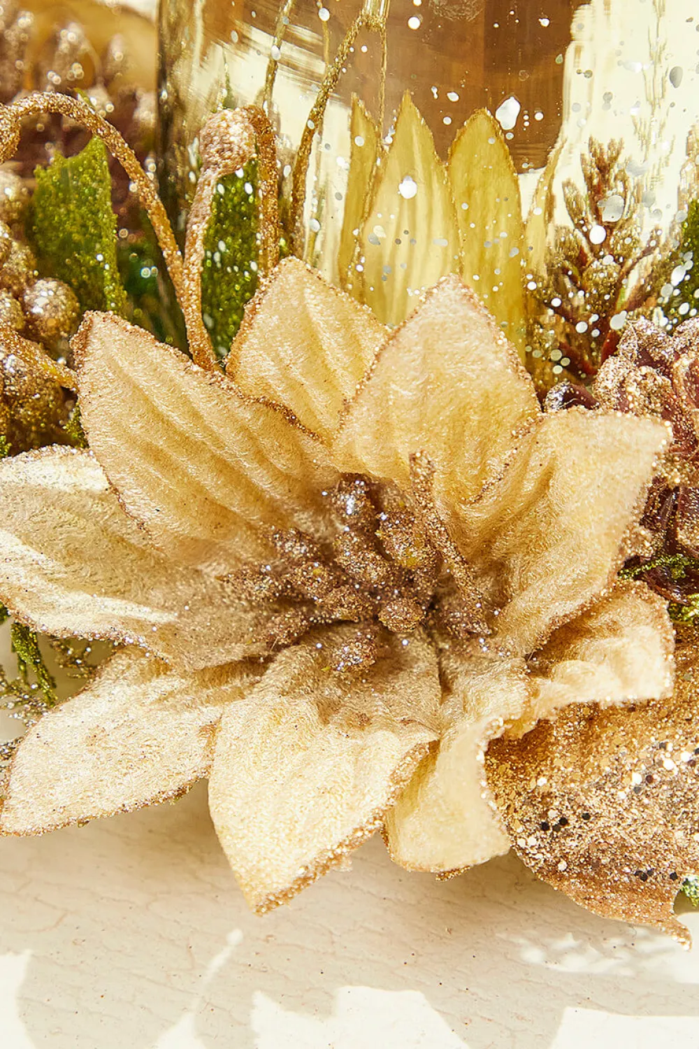Decorator's Warehouse 6" x 8" Poinsettia Centerpiece > Gold & Champagne|Natural Elegance