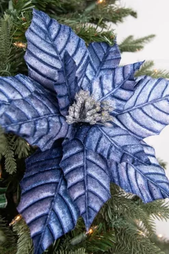 Decorator's Warehouse 22” x 12" Pressed Poinsettia Stem - Navy > Blue Christmas|Jewel Tones