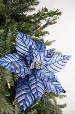 Decorator's Warehouse 22” x 12" Pressed Poinsettia Stem - Navy > Blue Christmas|Jewel Tones