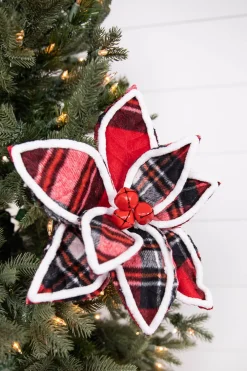 Decorator's Warehouse 22” x 11" Red and Black Plaid with Red Bells Poinsettia Stem > Cardinal|Christmas Flowers