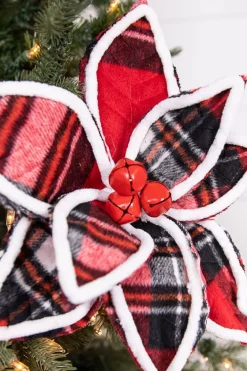 Decorator's Warehouse 22” x 11" Red and Black Plaid with Red Bells Poinsettia Stem > Cardinal|Christmas Flowers