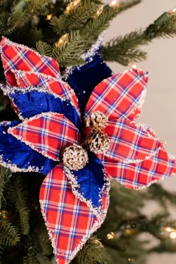 Decorator's Warehouse 22” x 11" Red & Blue Plaid Poinsettia Stem > Patriotic Decor|Patriotic Decor