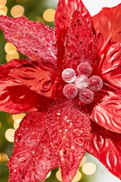 Decorator's Warehouse 24" x 10" Red Glitter Edge & Bead Poinsettia Stem > Nutcracker|Christmas Decor
