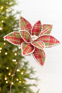 Decorator's Warehouse 19" x 12" Red & Green Plaid Poinsettia Pick > Farmhouse|Christmas Flowers