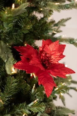 Decorator's Warehouse 22” x 10.5" Red Metallic Glitter Edge Poinsettia Stem > Nutcracker|Christmas Decor