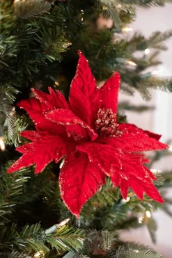 Decorator's Warehouse 20” x 12" Red Velvet Gold Mix Glitter Poinsettia Stem > Nutcracker|Classic Christmas