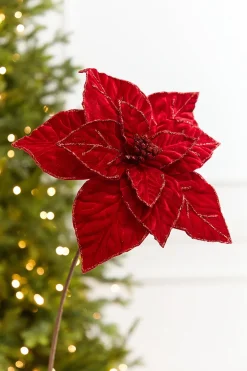 Decorator's Warehouse 22" x 13" Red Velvet Poinsettia Stem > Nutcracker|Red & Silver