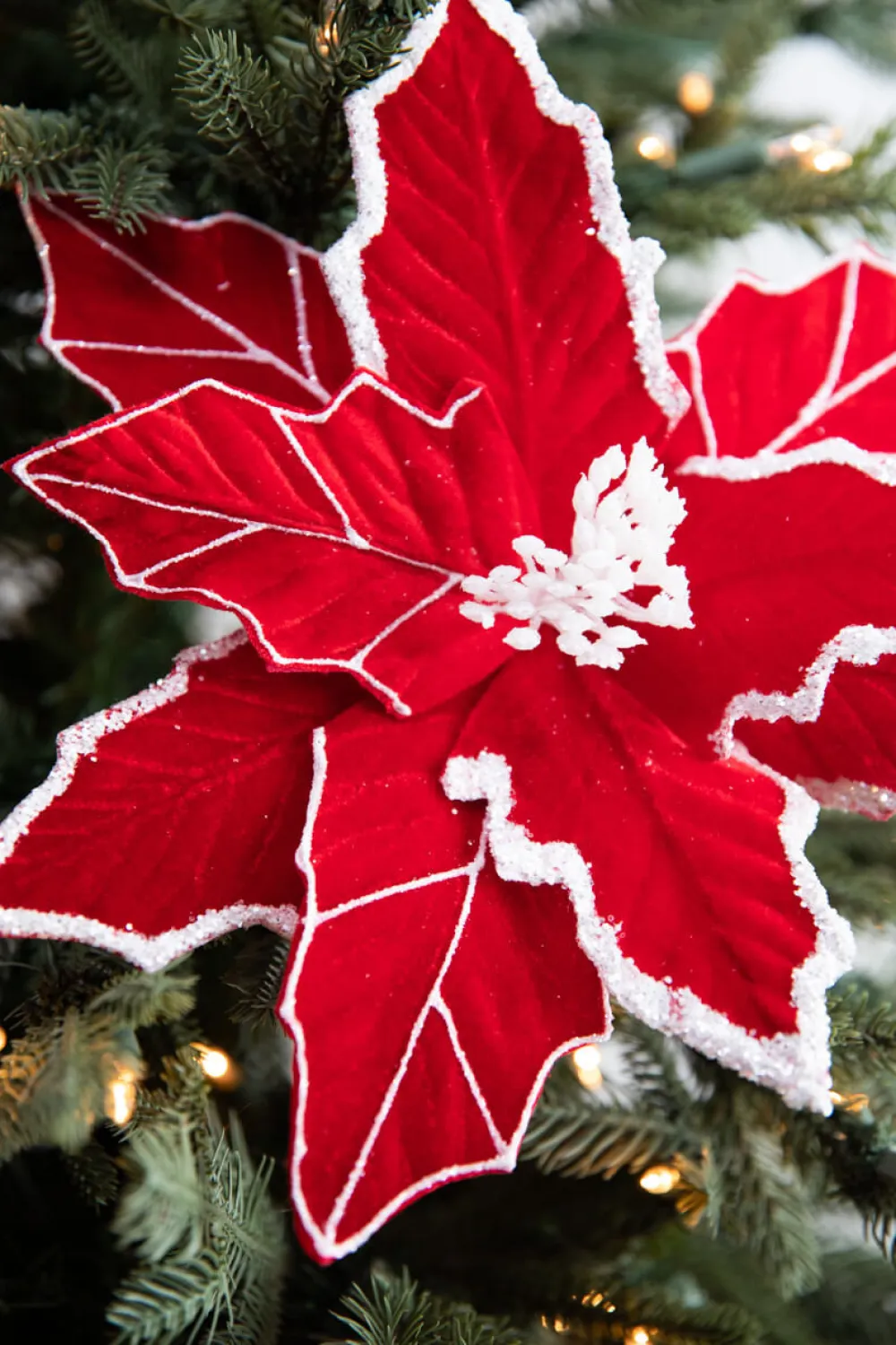 Decorator's Warehouse 22” x 13" Red/White Velvet Glitter Poinsettia > Red & Silver|Christmas Decor