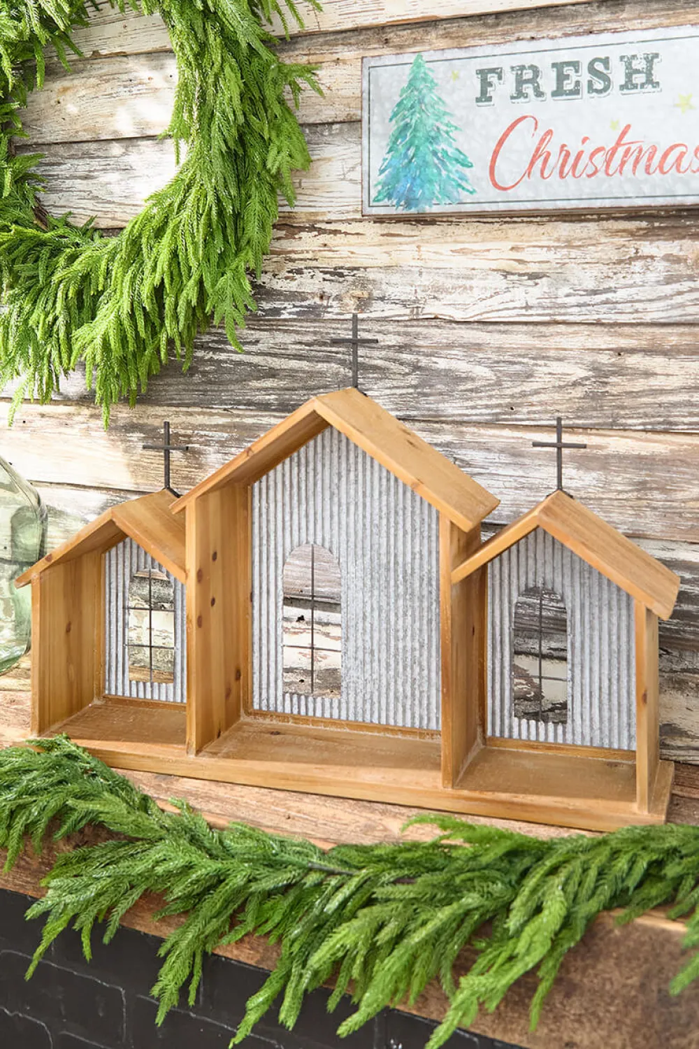 Decorator's Warehouse 20” x 29” Rustic Wood & Metal Creche > Believe|Farmhouse