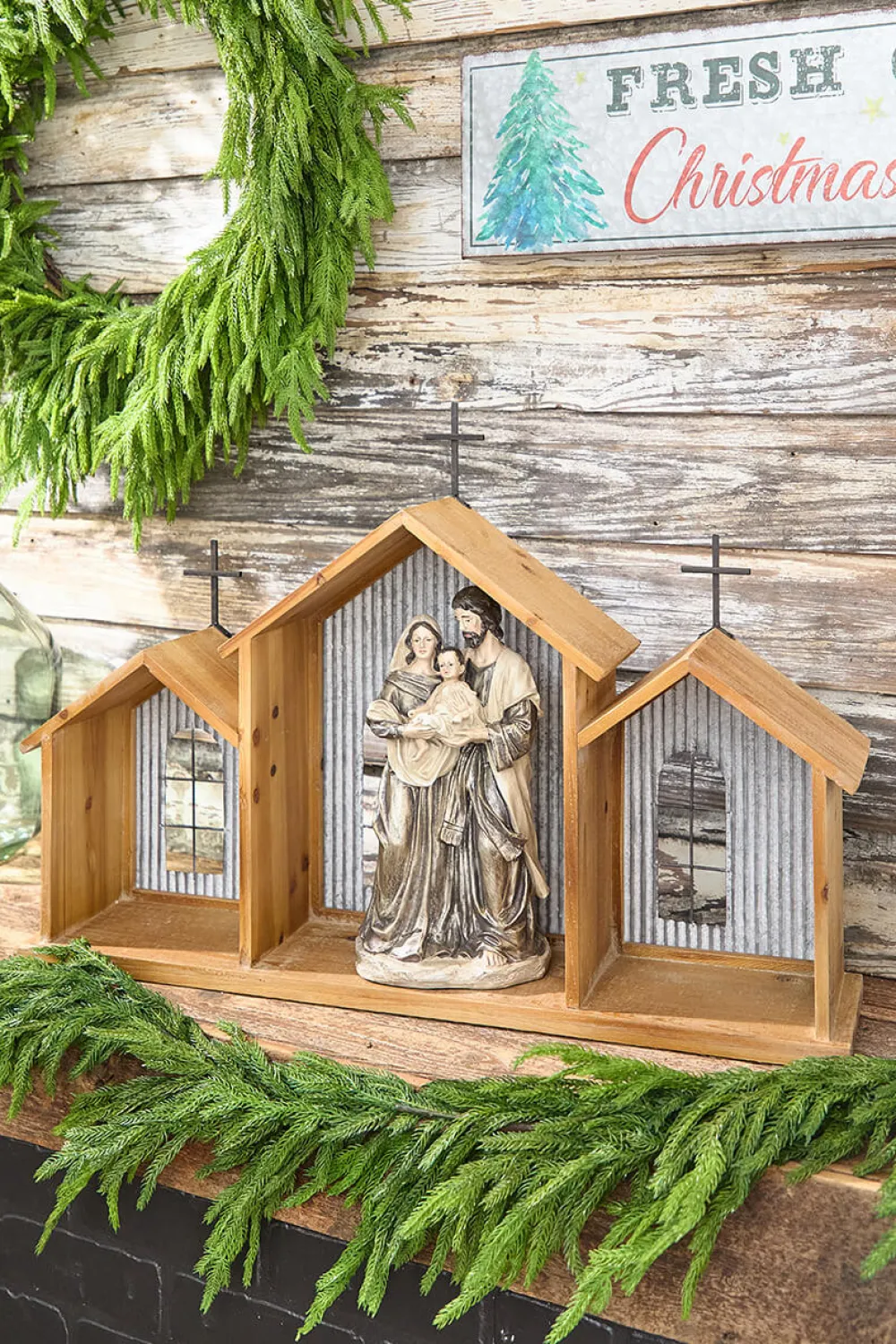 Decorator's Warehouse 20” x 29” Rustic Wood & Metal Creche > Believe|Farmhouse