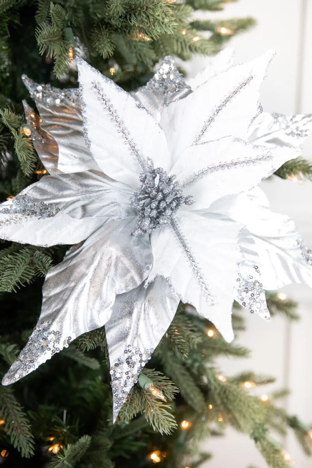 Decorator's Warehouse 31” x 17" Silver & White Sequin Glitter Poinsettia > White Christmas|Christmas Decor
