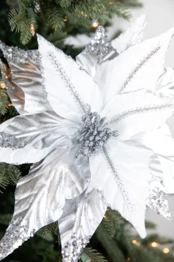 Decorator's Warehouse 31” x 17" Silver & White Sequin Glitter Poinsettia > White Christmas|Christmas Decor