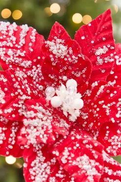 Decorator's Warehouse 19" x 13.5" Snowy Red Poinsettia Stem > Christmas Sale|Christmas Decor
