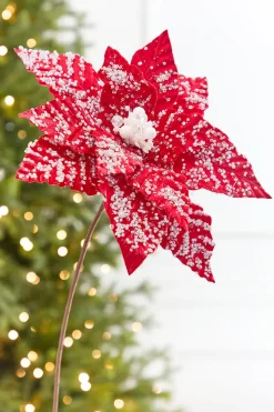 Decorator's Warehouse 19" x 13.5" Snowy Red Poinsettia Stem > Christmas Sale|Christmas Decor