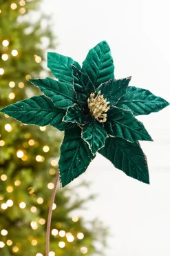 Decorator's Warehouse 22" x 12” Velvet Emerald Poinsettia Stem > Christmas Decor|Jewel Tones