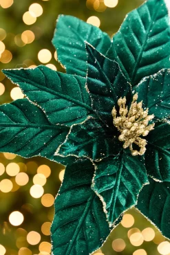 Decorator's Warehouse 22" x 12” Velvet Emerald Poinsettia Stem > Christmas Decor|Jewel Tones