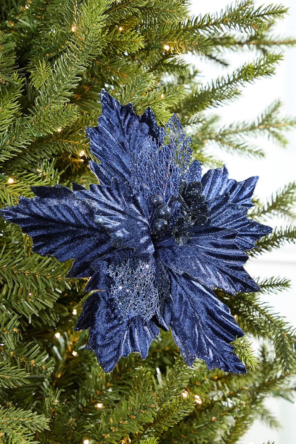 Decorator's Warehouse 20" x 12" Velvet Glitter Poinsettia - Navy > Christmas Decor|Merry & Bright