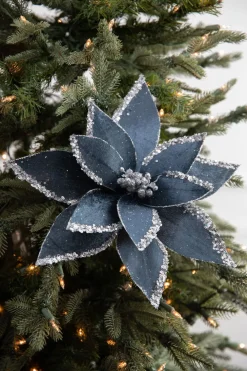 Decorator's Warehouse 22” x 12.5" Velvet Glitter Poinsettia Stem - Blue and Grey > Blue Christmas|Christmas Flowers