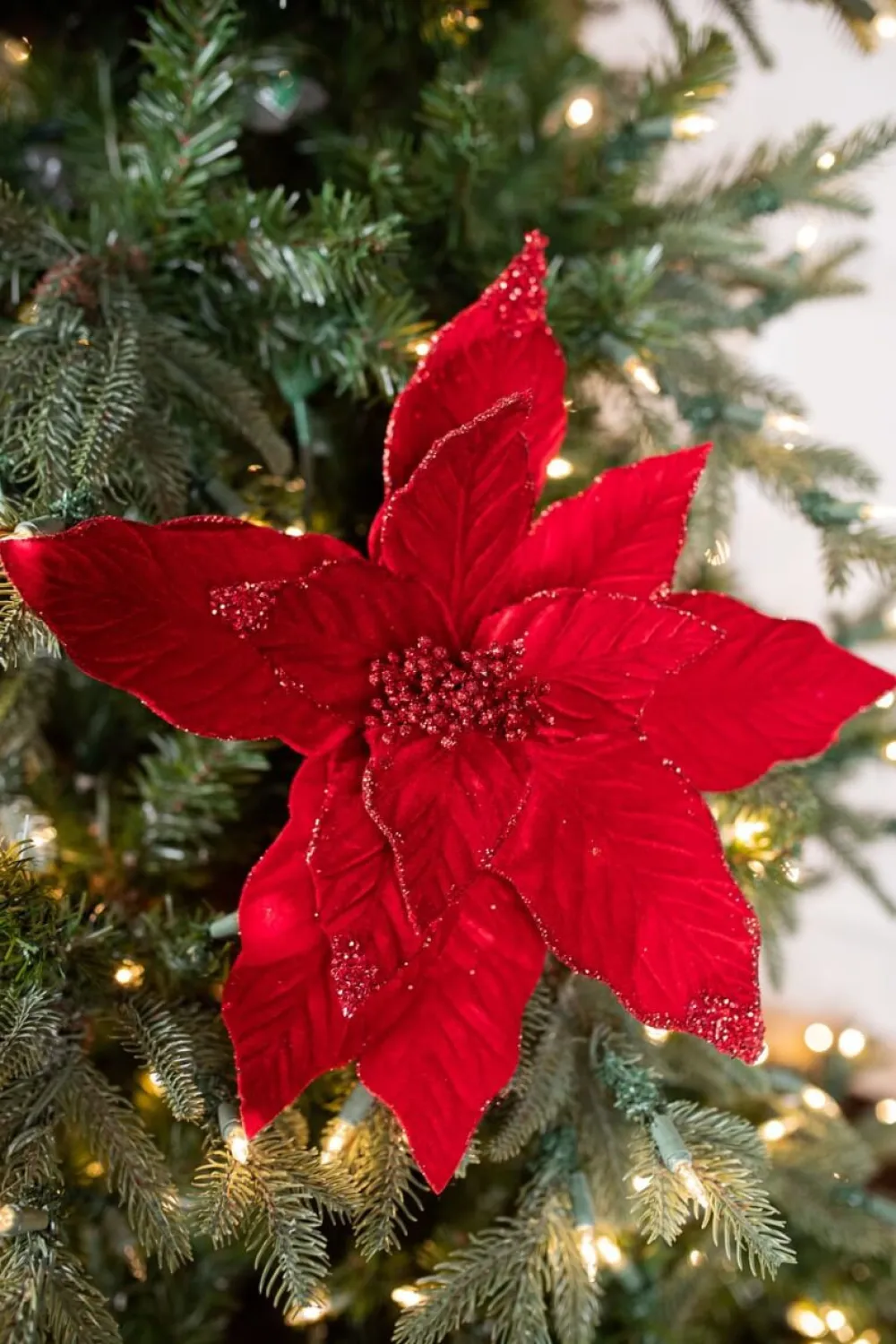 Decorator's Warehouse 22” x 15" Velvet Glitter Poinsettia Stem - Red > Nutcracker|Christmas Decor