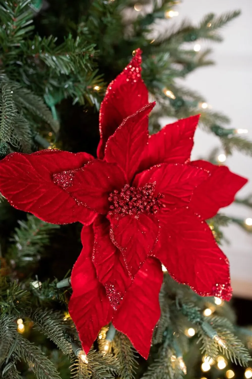 Decorator's Warehouse 22” x 15" Velvet Glitter Poinsettia Stem - Red > Nutcracker|Christmas Decor