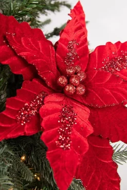 Decorator's Warehouse 24” x 12.5" Velvet Sequin Stripe Poinsettia Stem > Nutcracker|Red & Silver