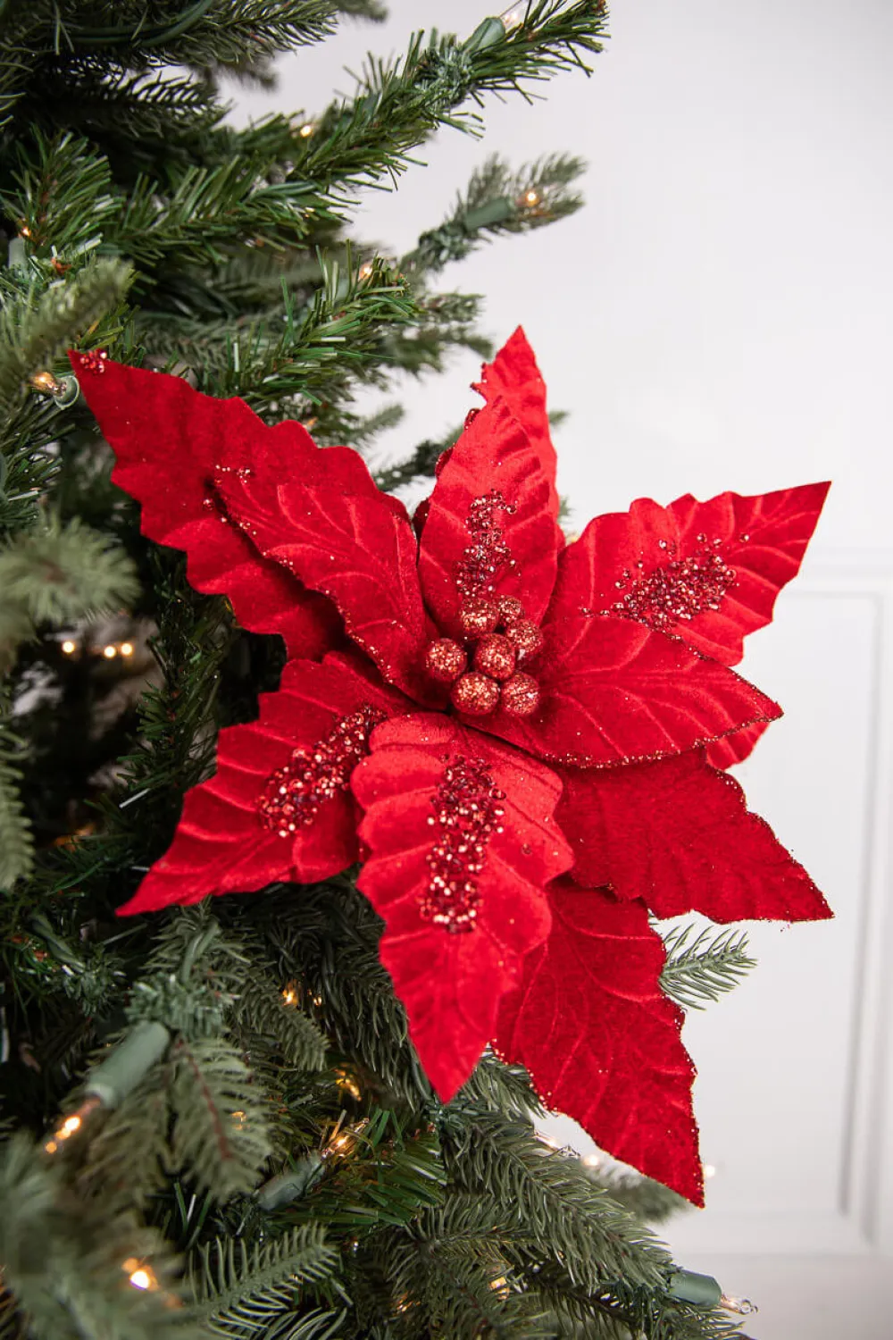 Decorator's Warehouse 24” x 12.5" Velvet Sequin Stripe Poinsettia Stem > Nutcracker|Red & Silver