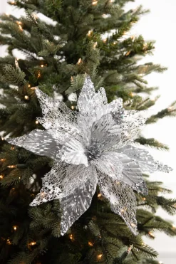 Decorator's Warehouse 22” x 14" Velvet Sheer Poinsettia Stem - Silver > White Christmas|Red & Silver